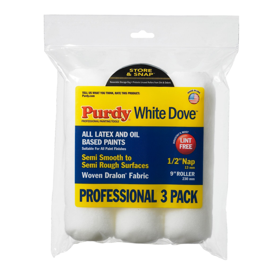 A 3-pack package of Purdy WhiteDove 9" x 3/8" Woven Dralon Paint Roller Covers