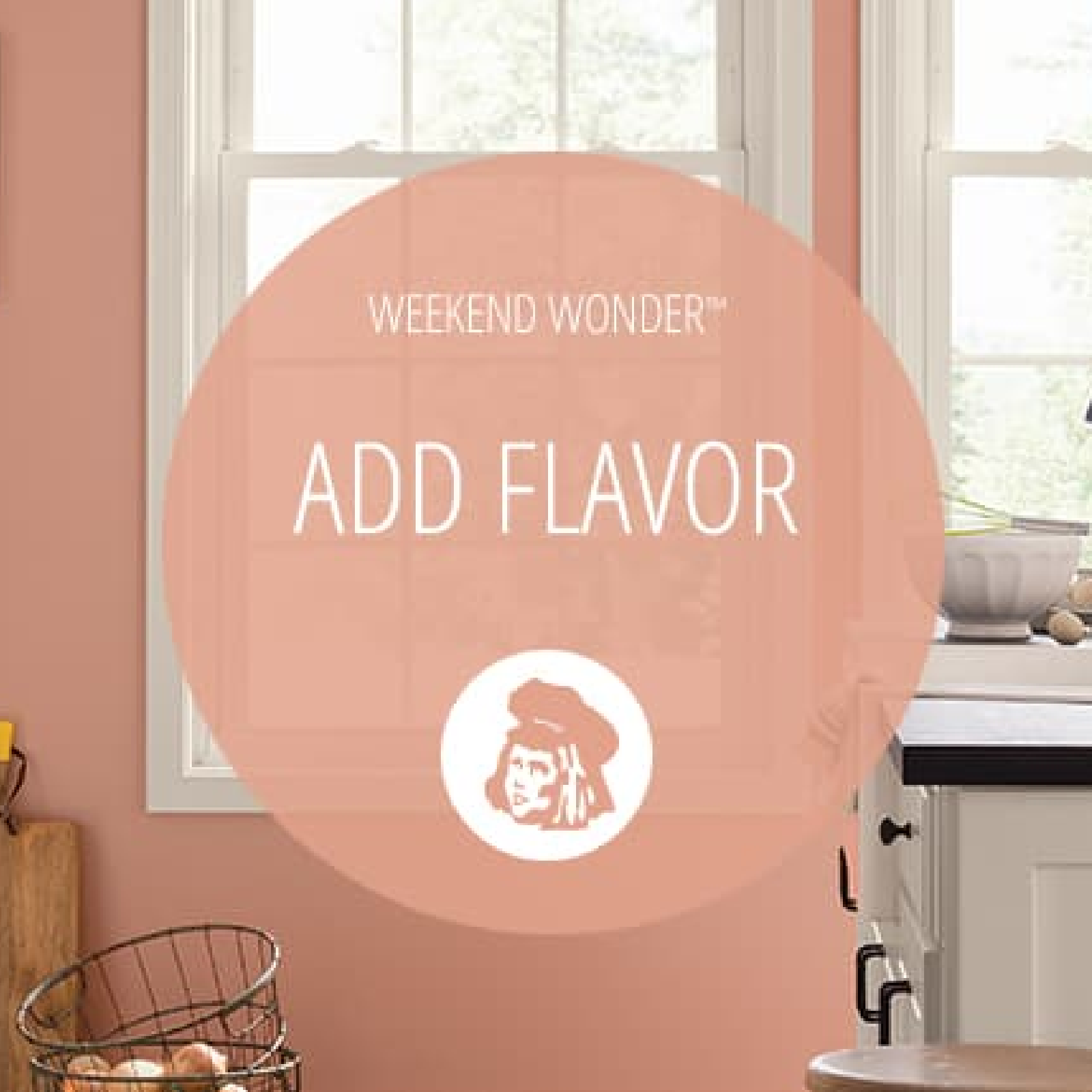 Kitchen painted a salmon color. Graphic with Dutch Boy icon: Weekend Warrior Add Flavor.