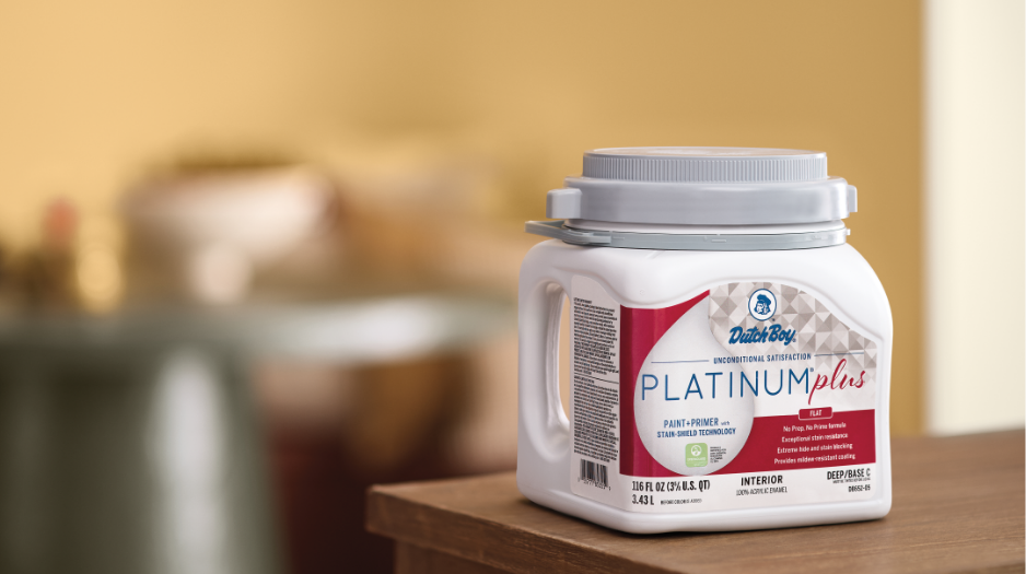 One-gallon can of Dutch Boy Platinum Plus Paint & Primer sits on a wood table.