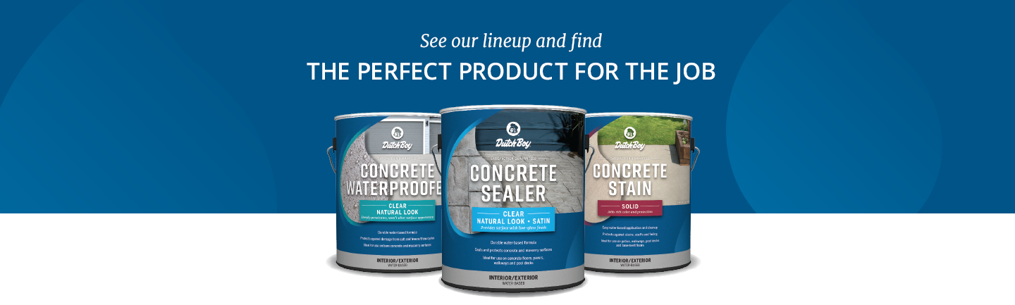 Graphic in blue: Find the perfect product. One-gallon cans of Concrete Waterproofer, Concrete Sealer and Concrete Stain.