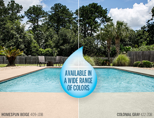 Backyard pool with concrete deck, split to show beige and gray stains. Raindrop graphic: Available in a wide range of colors.