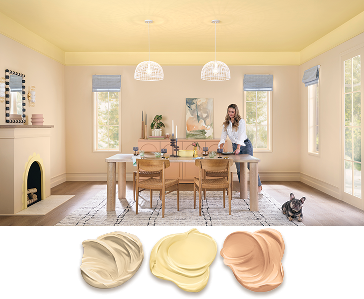 Inside of house in dining room with walls painted Melodious Ivory