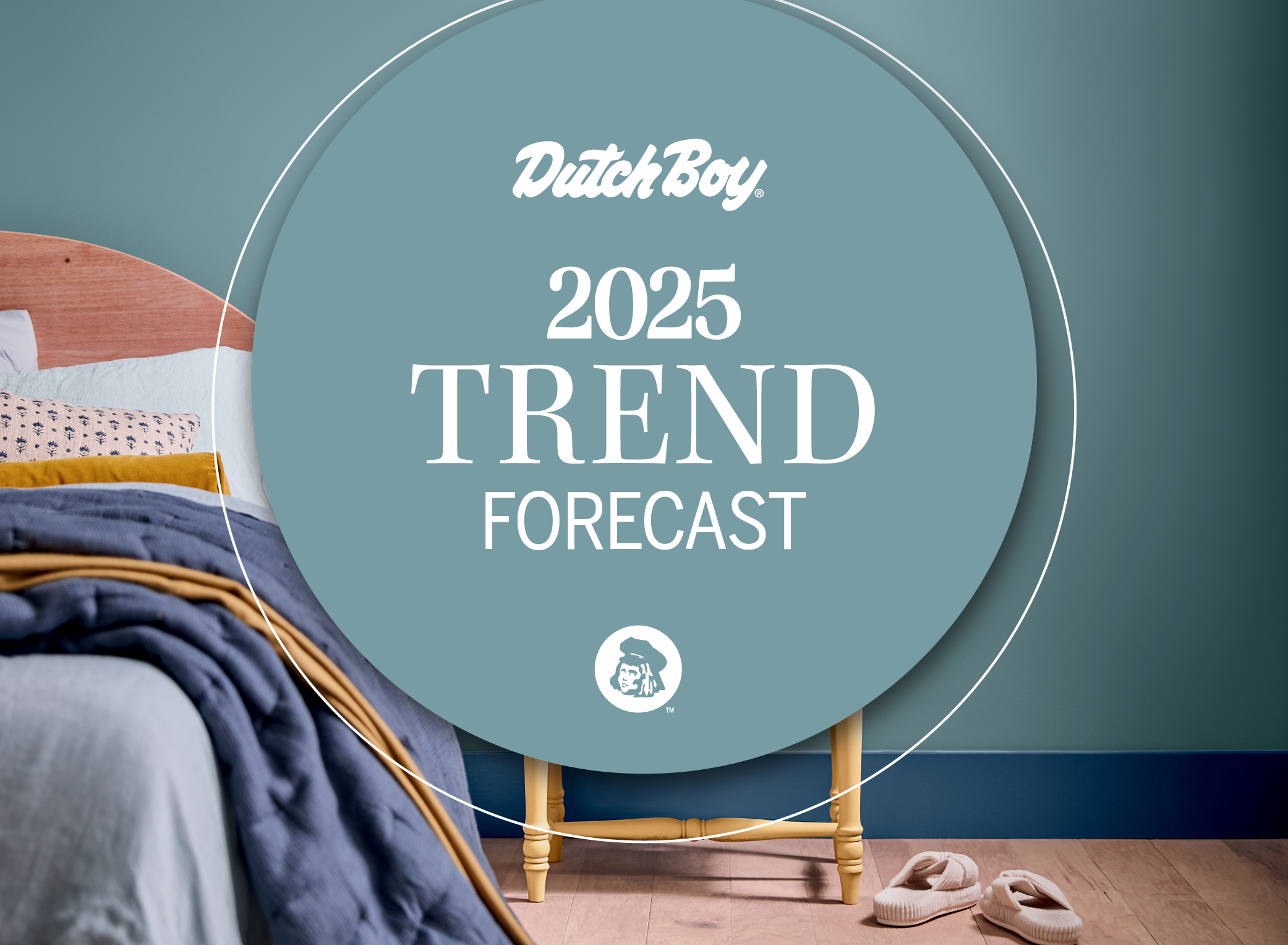 Graphic in Mapped Blue: Dutch Boy Logo, 2025 Trend Forecast. Cozy bedroom with walls painted Mapped Blue.