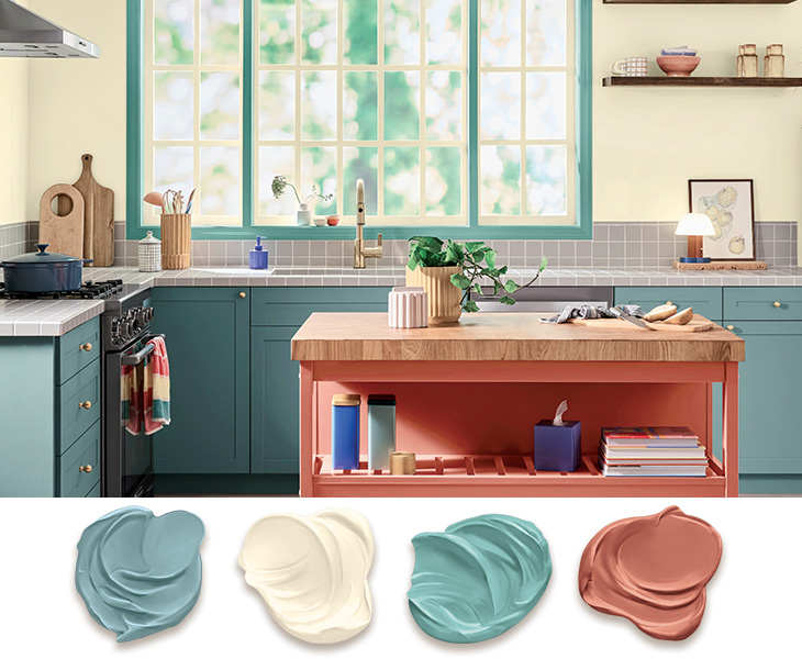 Bright kitchen with cabinets painted Mapped Blue, island painted Smoked Copper, walls painted Antique White.