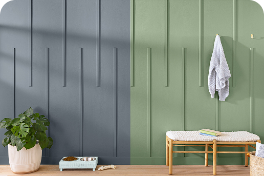 Split image showing the same entry way painted in two different colors, one light green, one blue-gray.