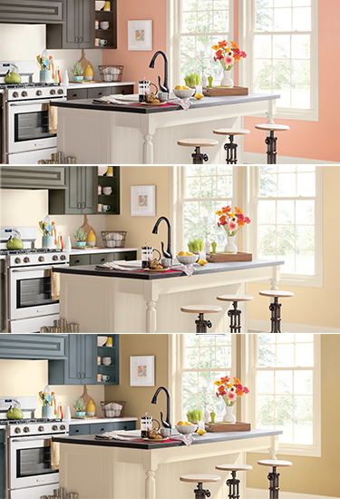 Kitchen that shows three different colors of paint: mauve, light yellow and beige. 