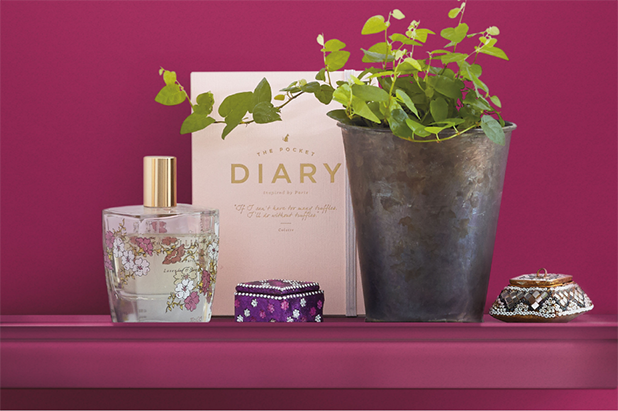 A wall and shelf are painted a deep fuchsia, with a potted plant, a diary, room spray bottle and candle on top of it.