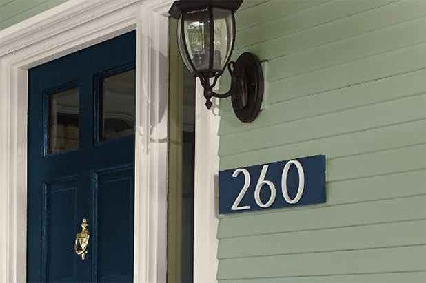 Blue front door and green siding of a house, with white house numbers on a deep sky wood backing.