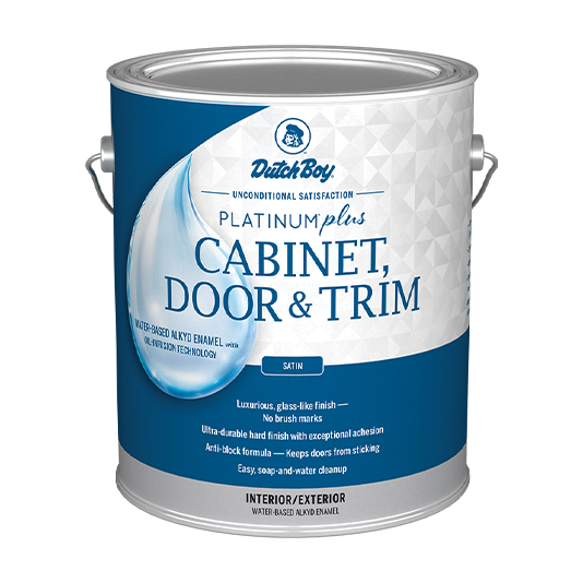 One-gallon can of Dutch Boy Platinum Plus Cabinet, Door & Trim, Satin.