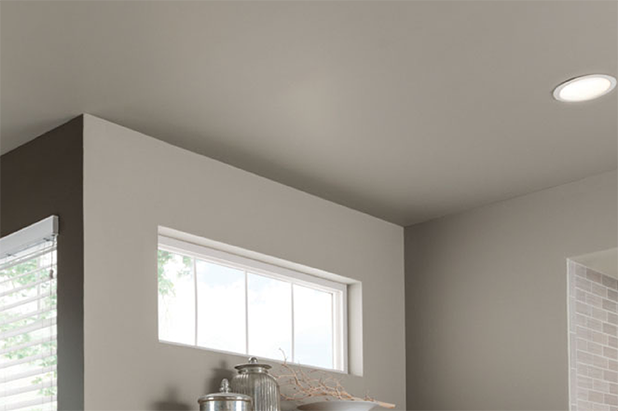 A bathroom with tile shower and windows. Wall-to-ceiling painted the color of dusky gray to make the ceiling feel high. 