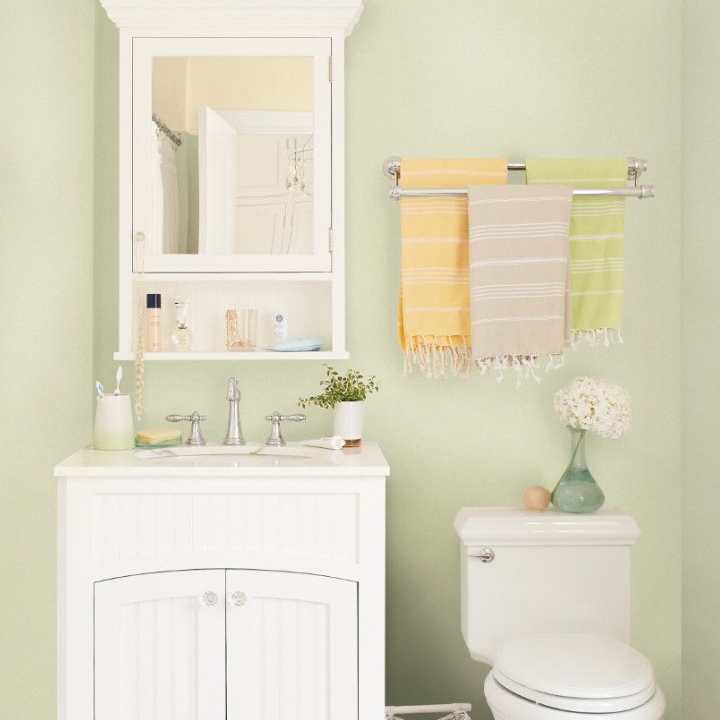green walls in a bathroom with vanity and toilet