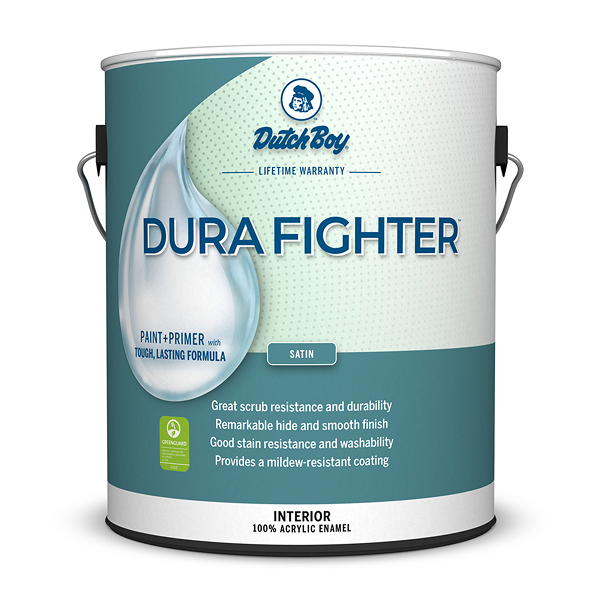 Can of Dutch Boy Dura Fighter interior paint in satin sheen.