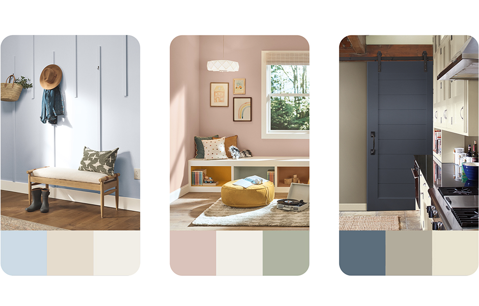 Three projects inspiration cards: soft blue entry way, light pink, green and cream playroom and a beige and navy kitchen.