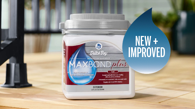 A one-gallon can of Maxbond Plus Exterior Paint + Primer Flat sits on a bright patio.