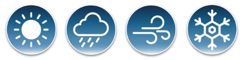 Four weather-based circular icons represent 