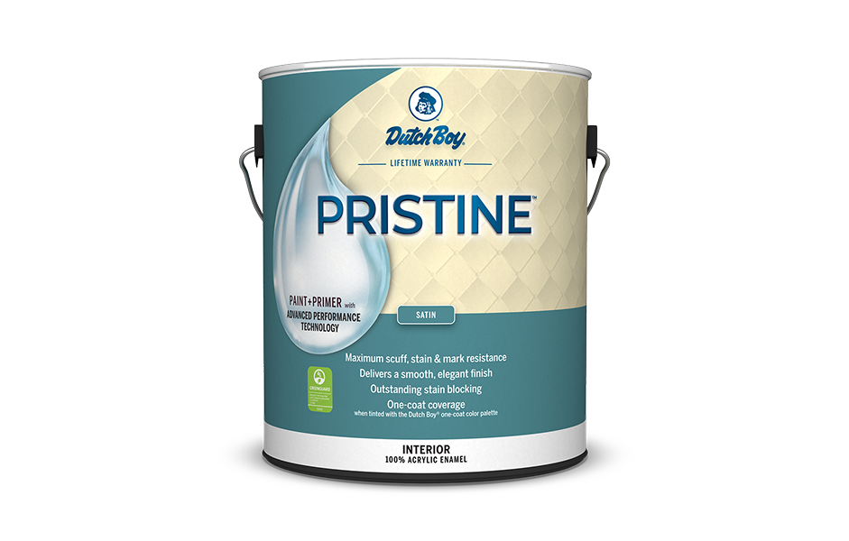 Can of Dutch Boy Pristine interior paint in satin sheen