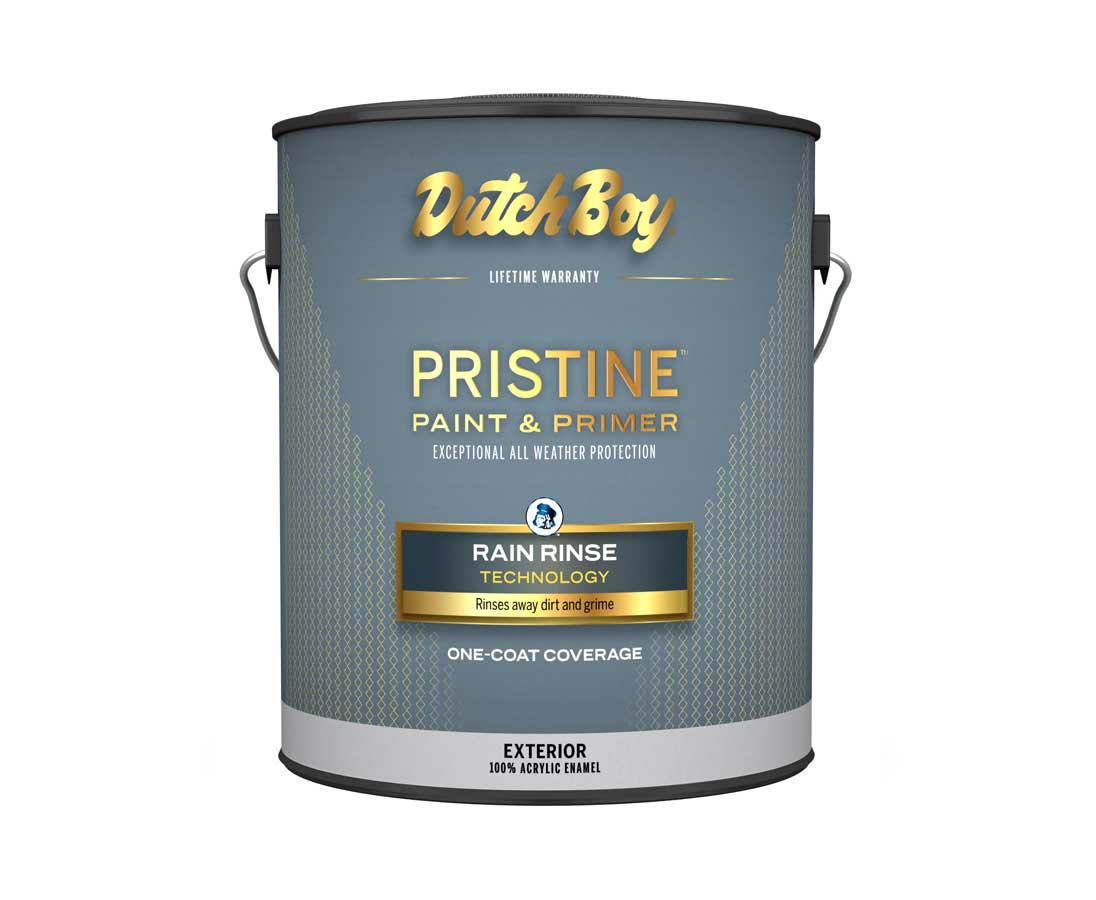 Can of Dutch Boy Pristine exterior paint.