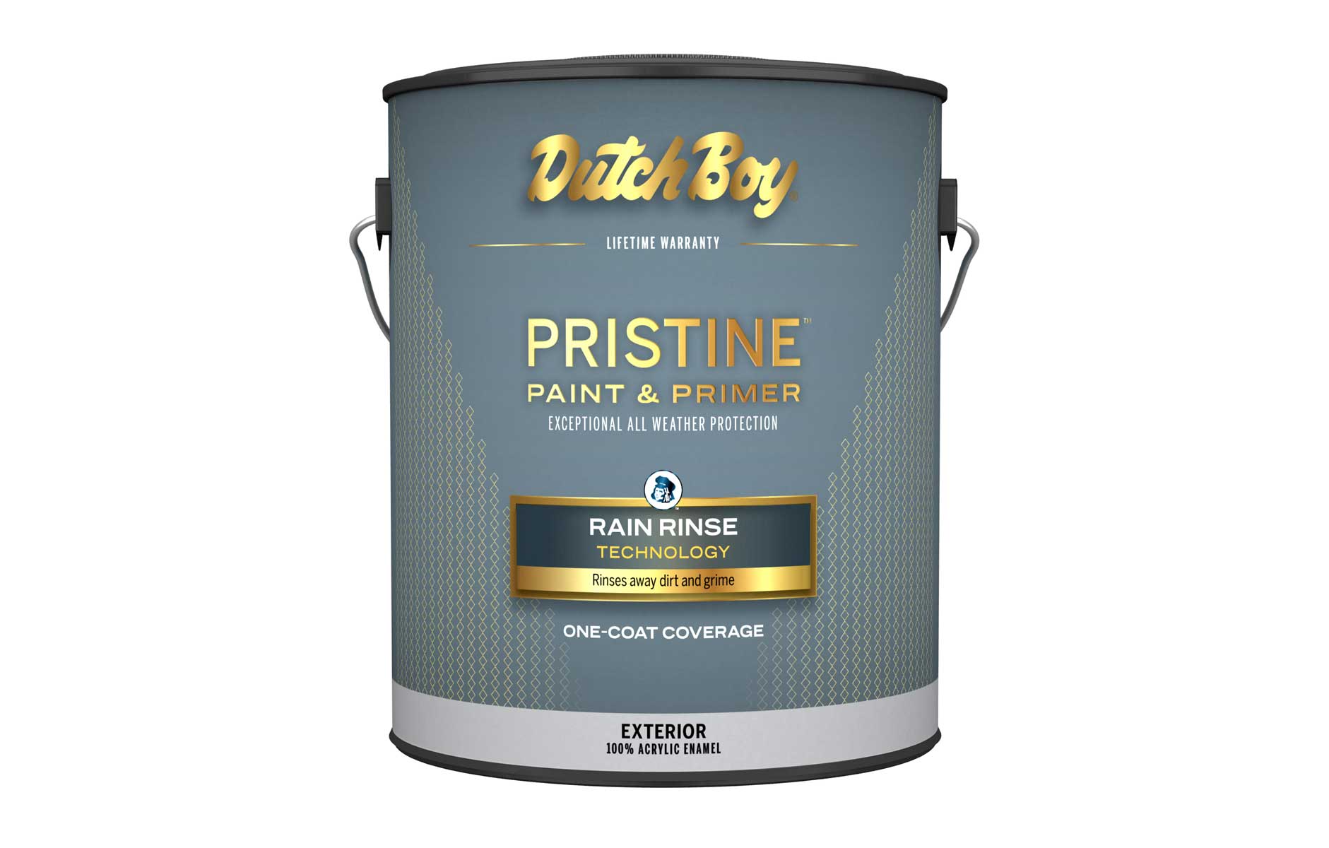 Can of Dutch Boy Pristine exterior paint in flat sheen