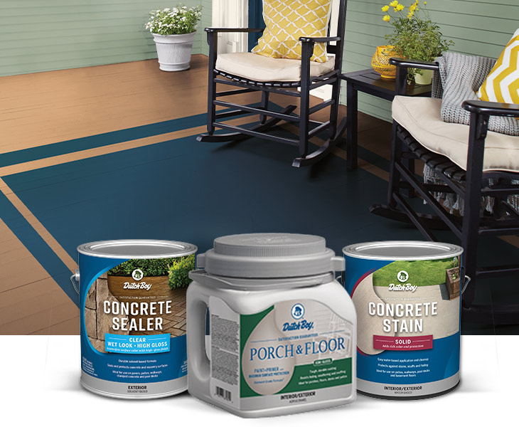 Porch floor painted blue. One-gallon cans of Concrete Sealer and Concrete Stain. One-gallon can of Porch & Floor Semi-Gloss.