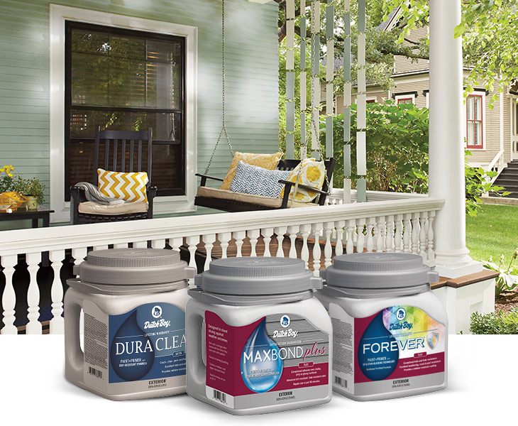 Pretty, well-styled green front porch on a sunny day. One-gallon cans of Dura Clean Satin, Maxbond Plus Flat, Forever Flat.