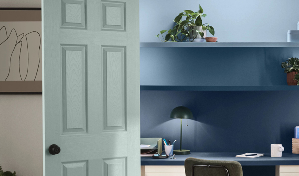 painted door that opens to an office