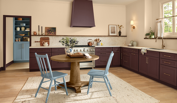 Color trends, view of colorful kitchen and table with chairs