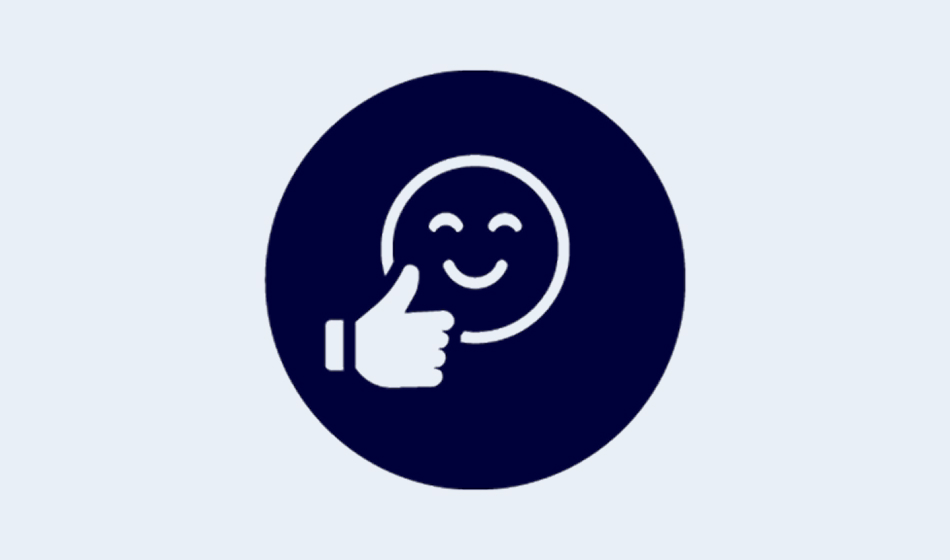 Circle graphic of thumbs-up hand and smiling face icon illustration.