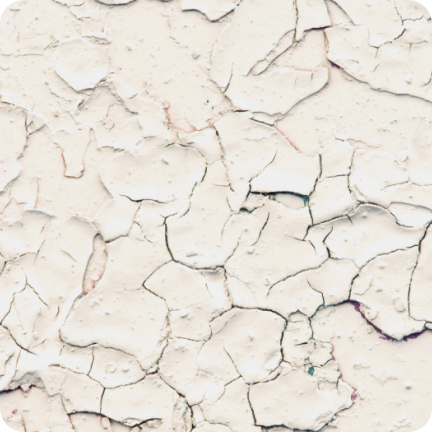 A wall painted white long ago is showing signs of major cracking and flaking.