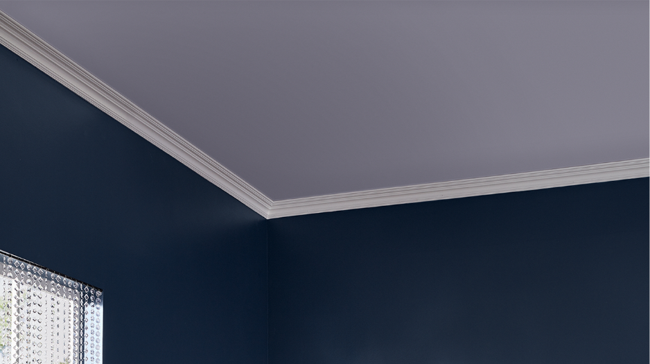 Corner of interior ceiling, ceiling painted grey, walls painted navy, crown molding painted white.