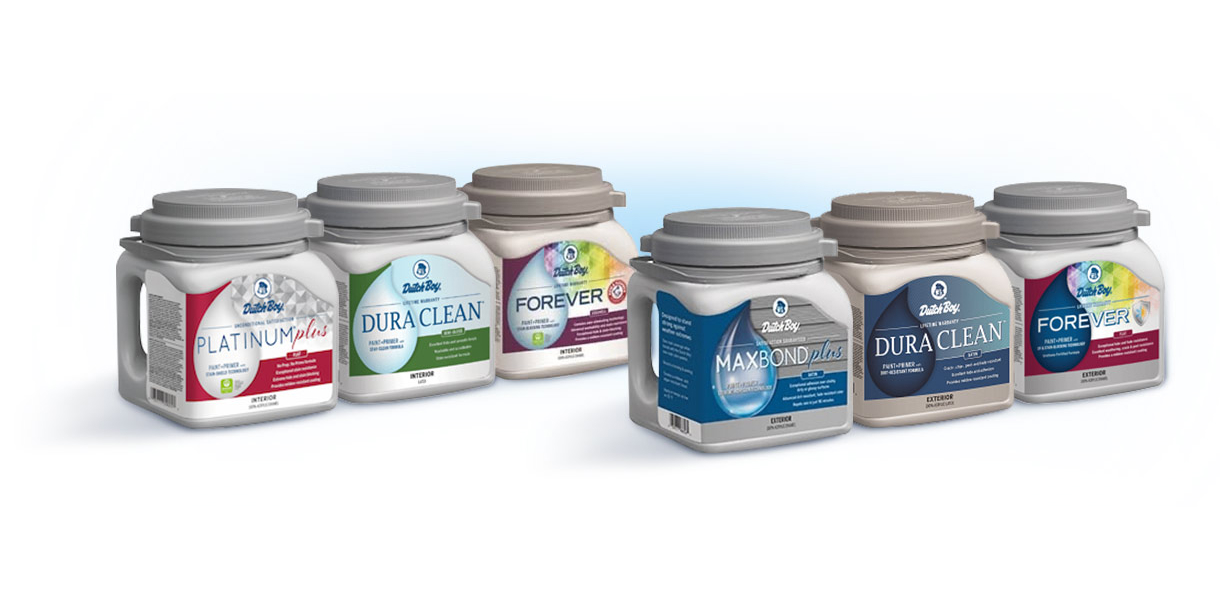 Six one-gallon cans are showcasing the variety of paints available at Menards.