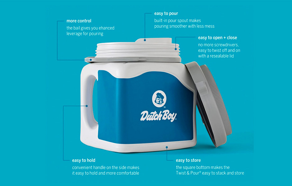 Graphic: blue background with our one-gallon Twist & Pour can featuring how simple and easy it is to use.